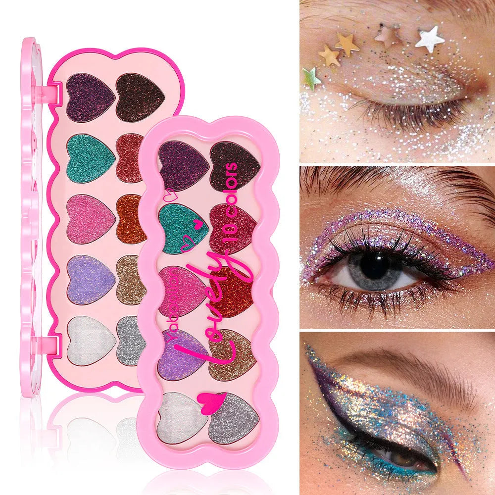 Pearlescent Heart ten-color sequin eyeshadow palette showing shades for punk and festival makeup