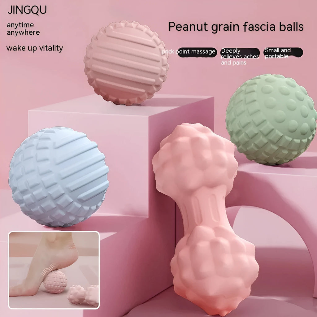 Blue TPR foot massage ball with textured surface shown next to foot for scale