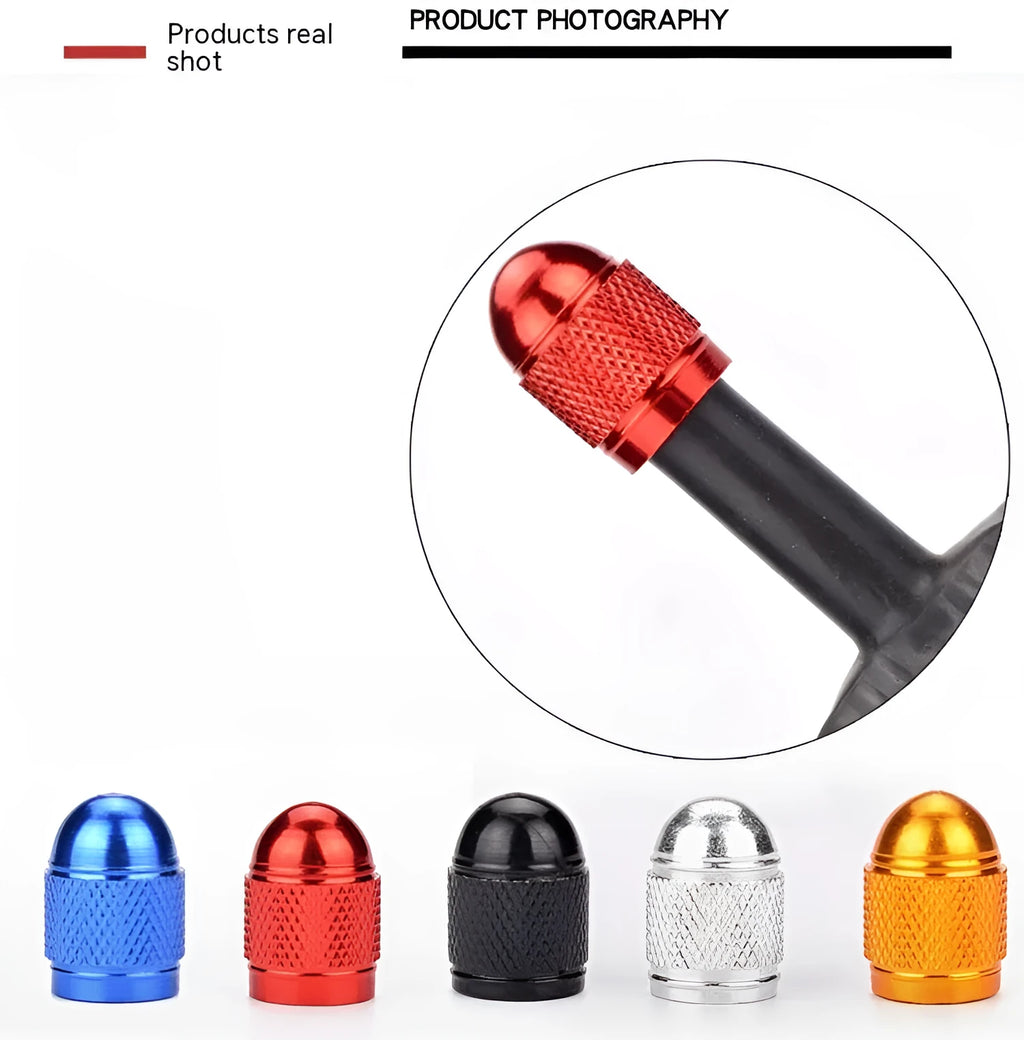 Aluminium mountain bike tyre valve dust cap in assorted colours: black, blue, gold, red, silver.