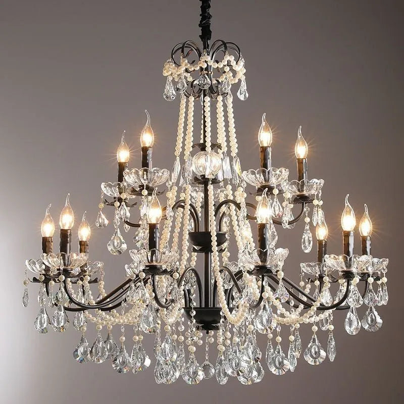 Black crystal chandelier with iron droplight frame and monochrome 220V ceiling light for living room or dining room
