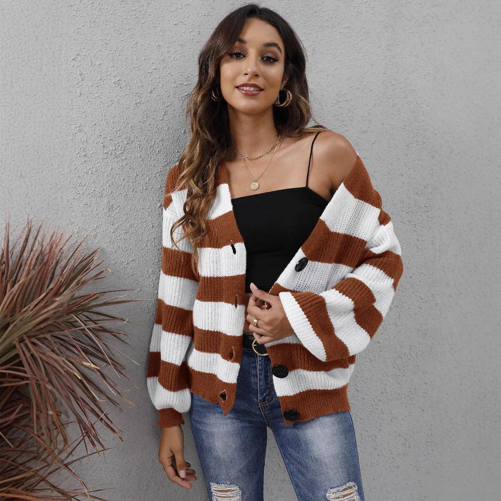 Women's striped deer plush cardigan in blue, black, brown, or dark green with button detail.