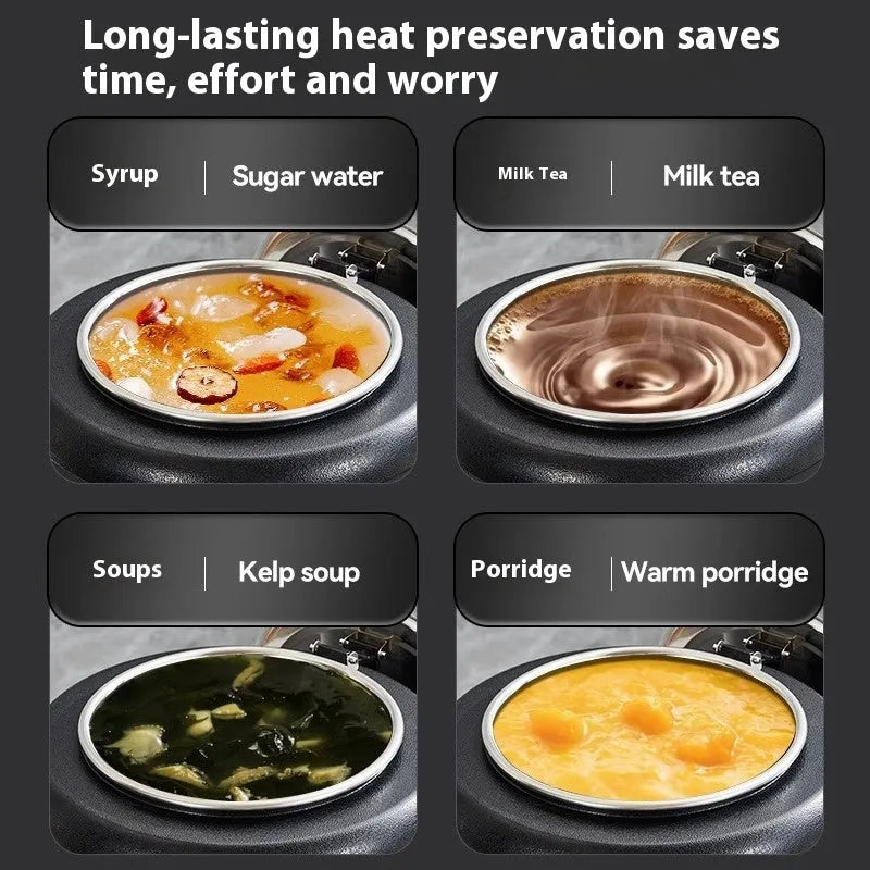Black stainless steel insulation pot with steel cover, 10 litre capacity, electric heating function