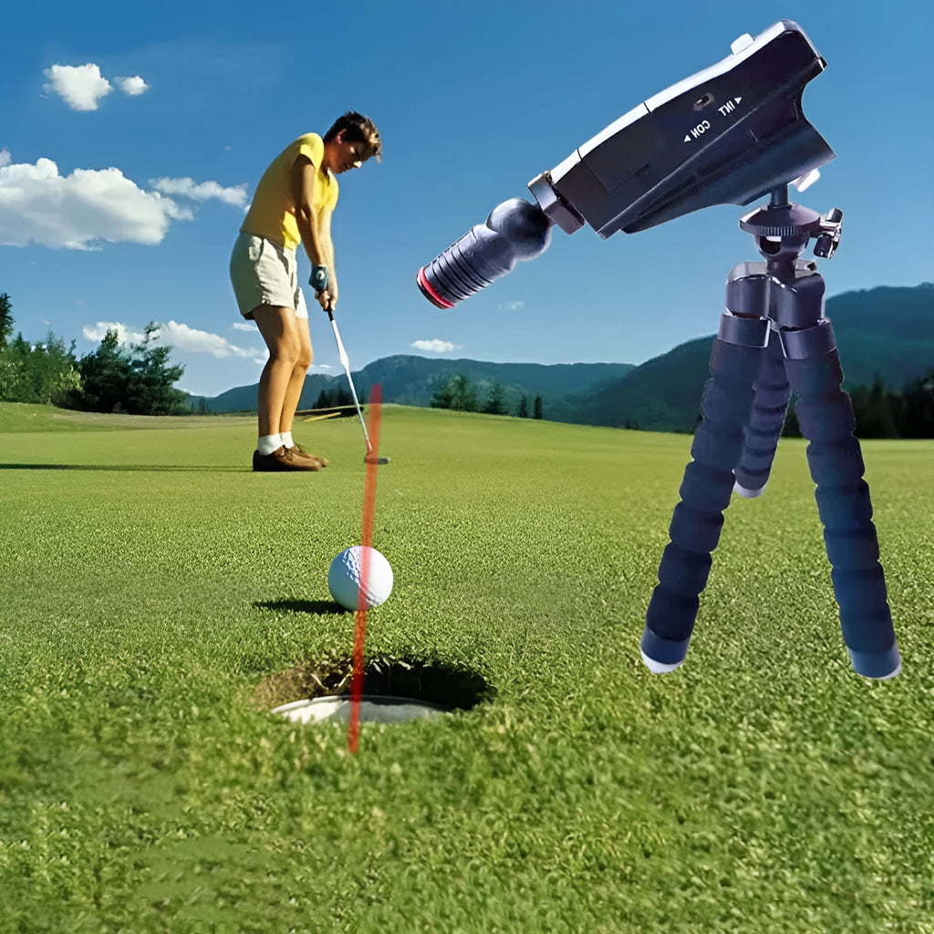 Golf putter laser aiming instrument showing laser alignment on putter face