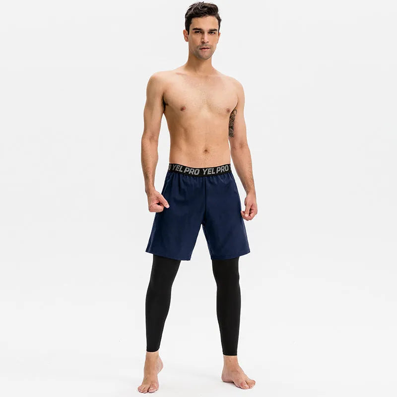 Men's gray quick-drying high elastic tight sports pants for fitness and running.