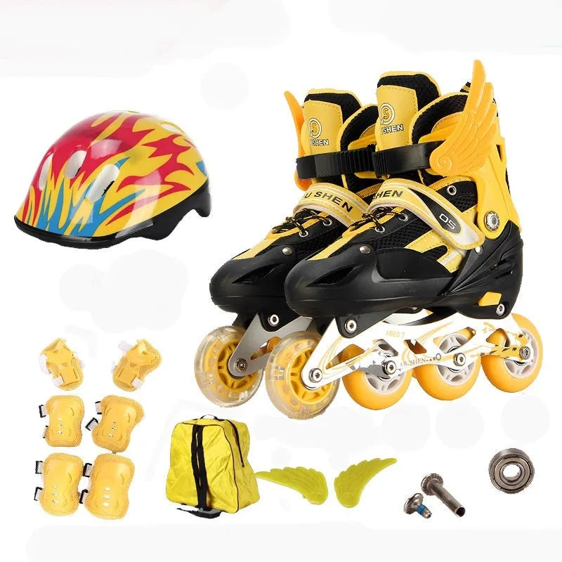 Children's adjustable PU skating shoes with aluminium frame and complete protective gear set in various colours