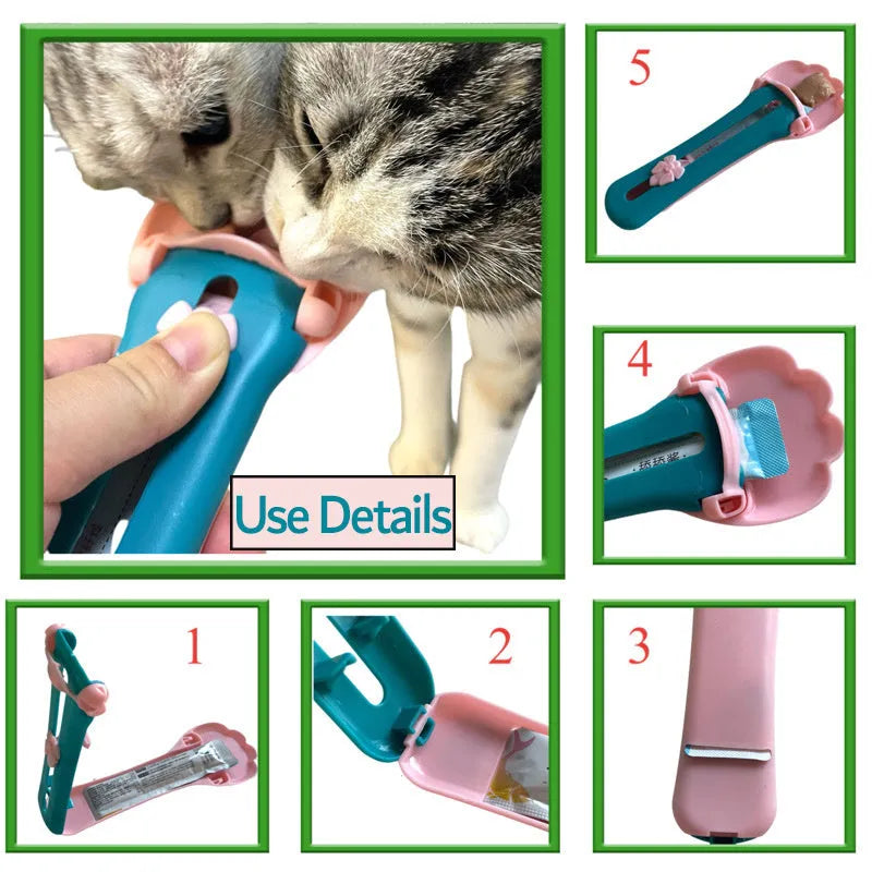Two-tone pet feed spoon with extrusion scoop and squeezer feeder for liquid food and treats.