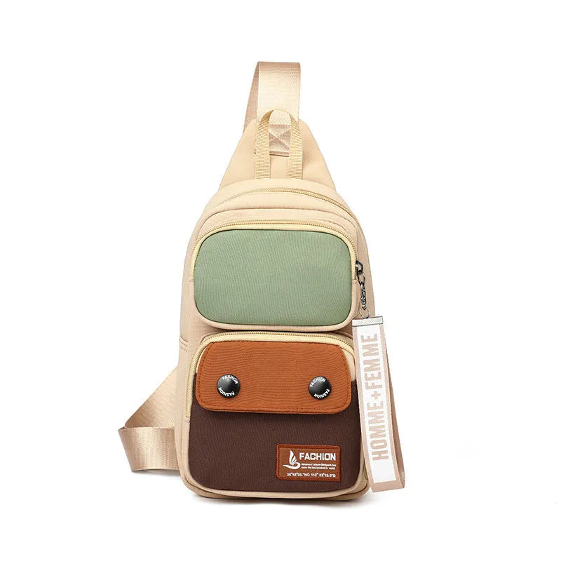 Nylon crossbody shoulder bag with contrast colour options and letter pattern detailing