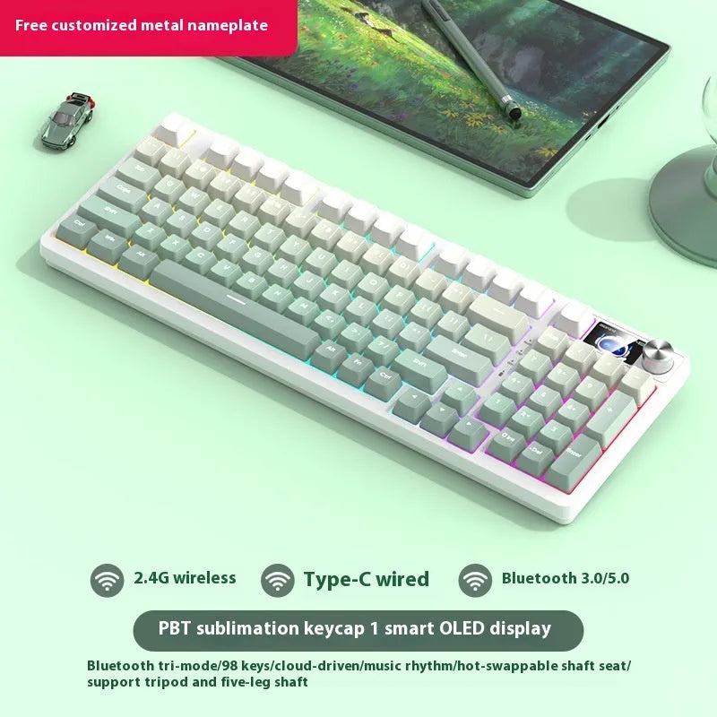 98-key wireless mechanical keyboard kit with metal control knob and optional display screen