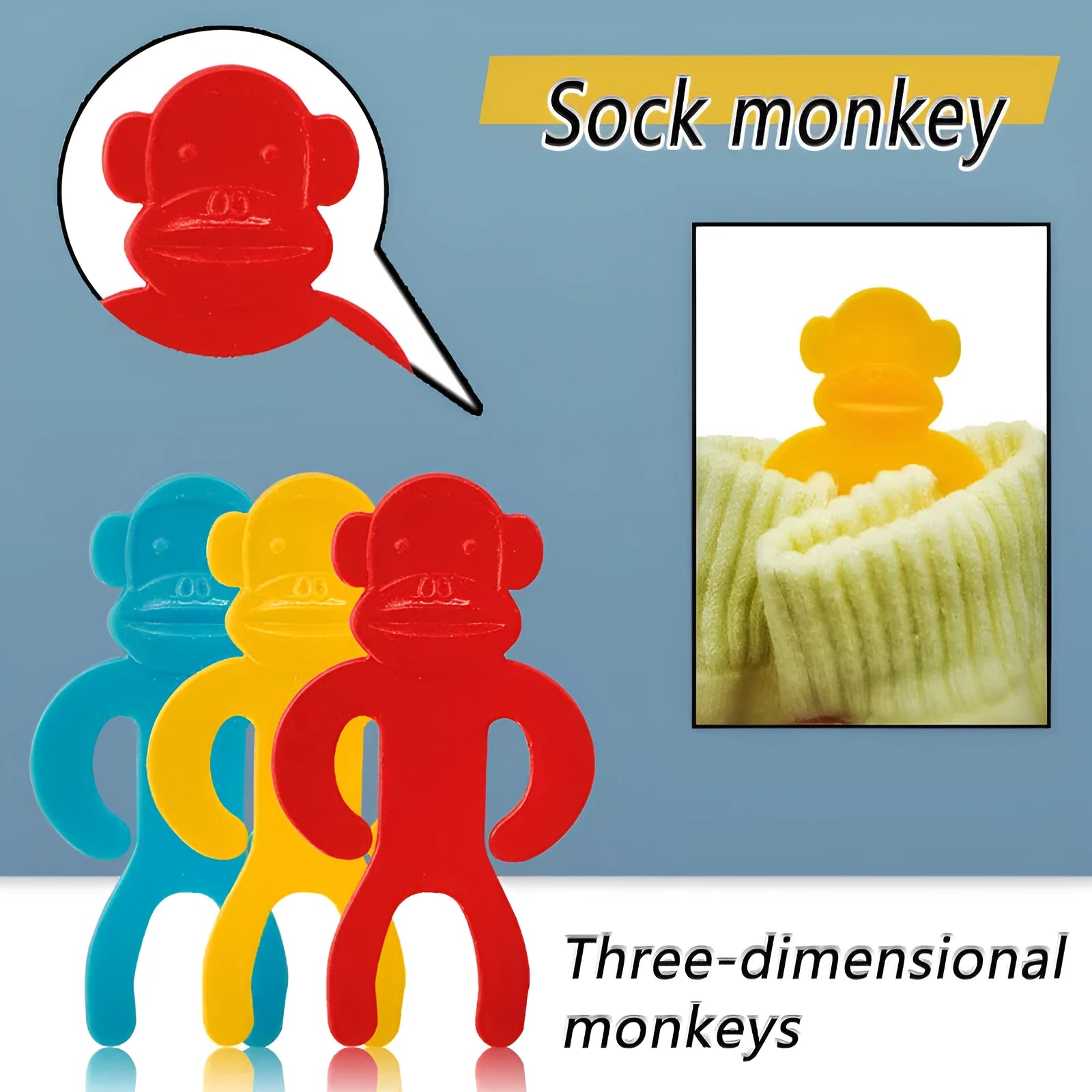 Plastic socks storage clips in blue, red and yellow colours for laundry organisation