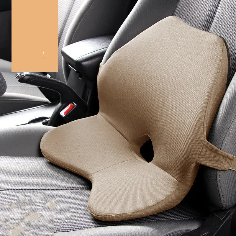 Memory foam car lumbar support pillow with adjustable straps in beige colour