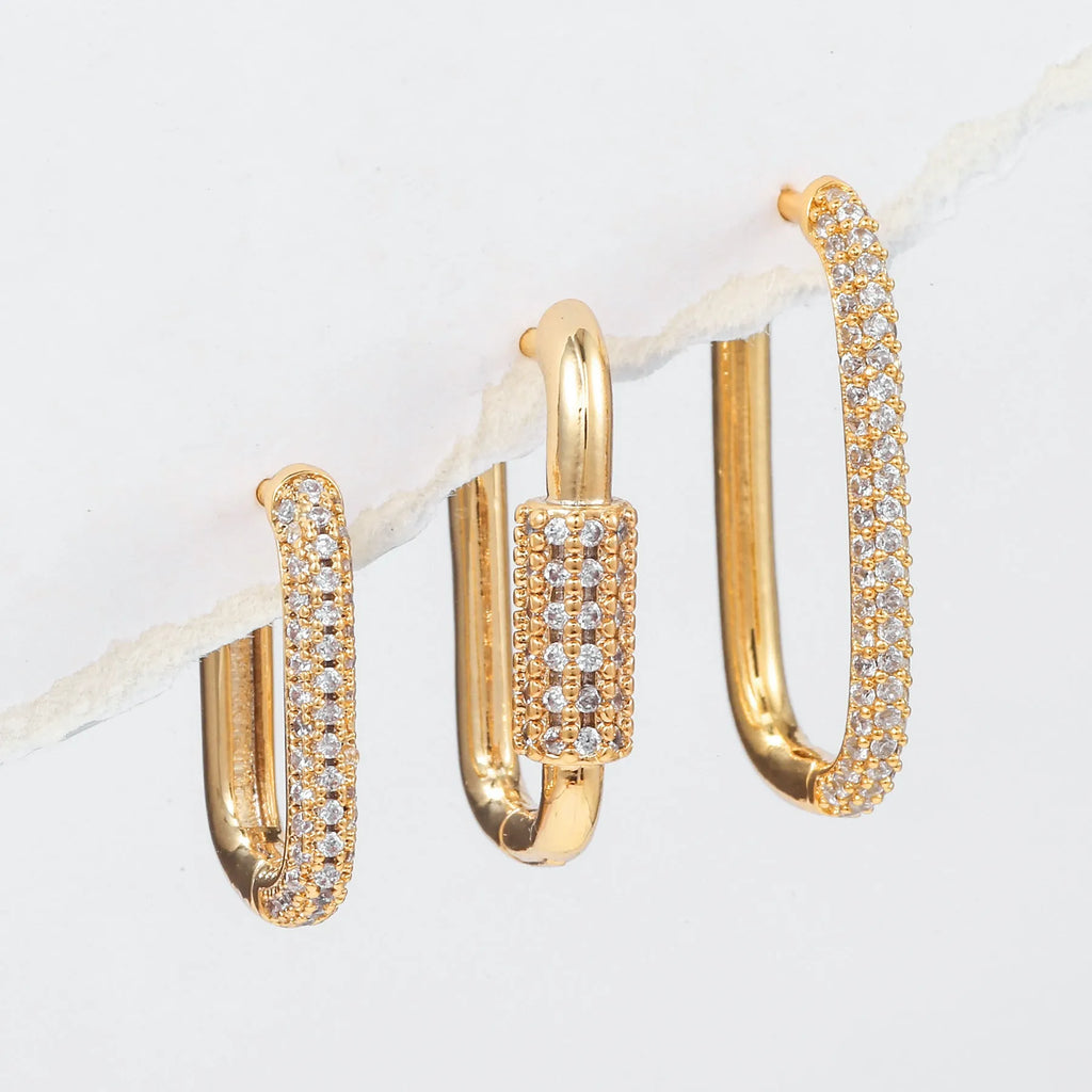 Geometric ear clip set with micro inlaid zircon stones in gold and white finishes