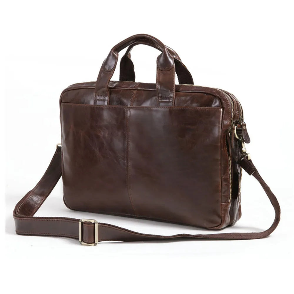 Brown first layer cowhide leather business briefcase, 18 inches in size.
