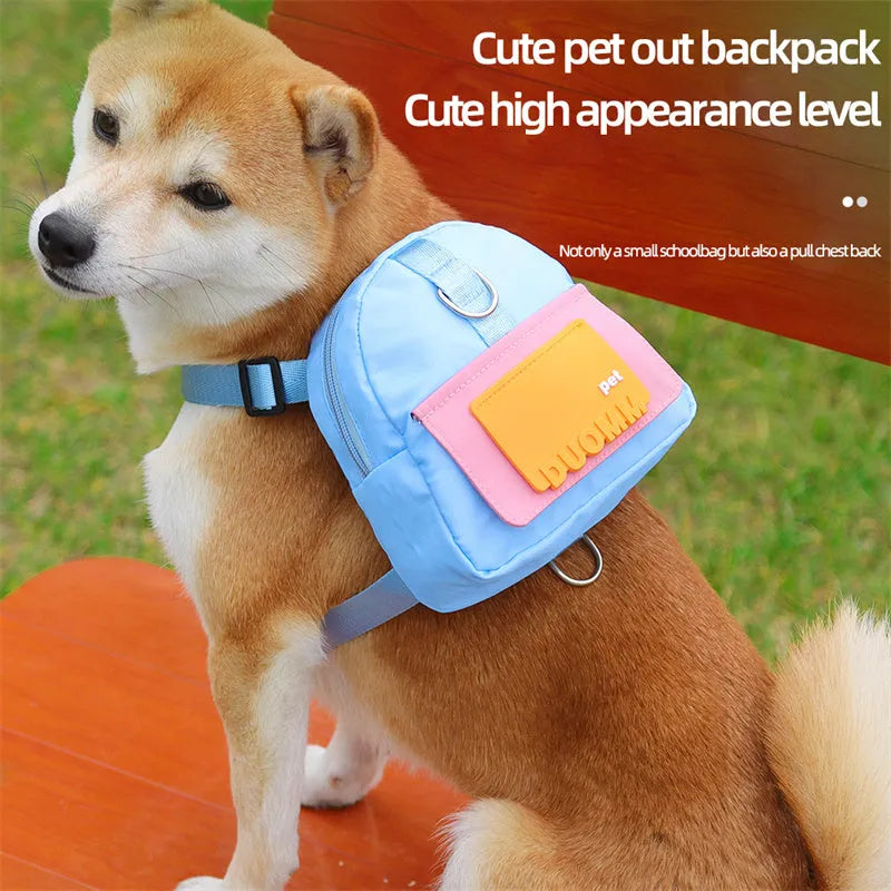 Blue adjustable dog backpack with harness and storage compartments for travel