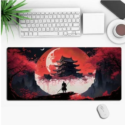 Anime design gaming mouse pad with non-slip rubber base shown on a desk