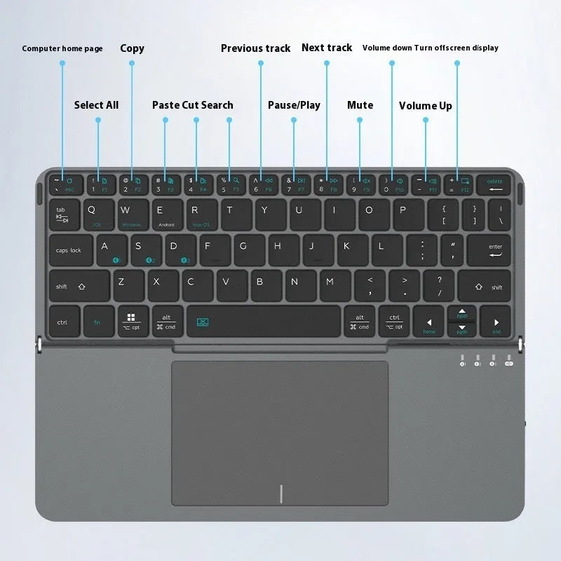 Grey wireless Bluetooth folding keyboard shown both folded and unfolded with mobile phone