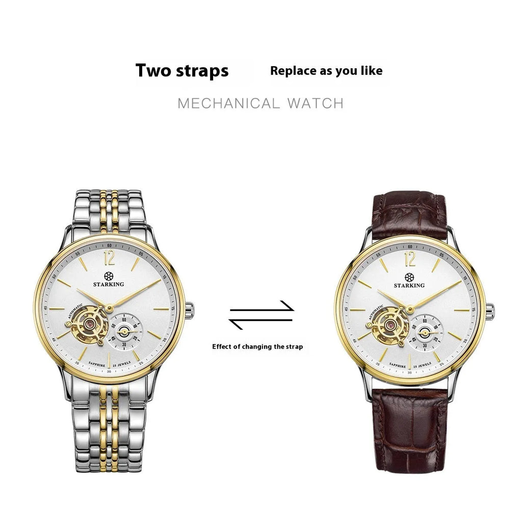 Automatic mechanical men's waterproof business watch with circular dial and stainless steel case