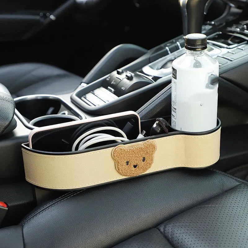 Cartoon bear car seat gap storage box in PU leather with hanging design for vehicle organisation
