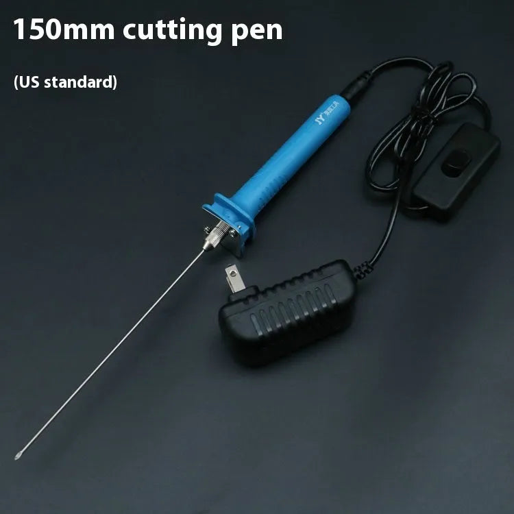 Blue handled electric heating foam cutter pen with a selection of different length metal blades.