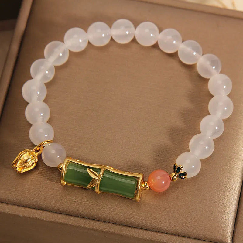 White agate and jasper beaded bracelet with jade bamboo joint centerpiece in New Chinese retro style for women