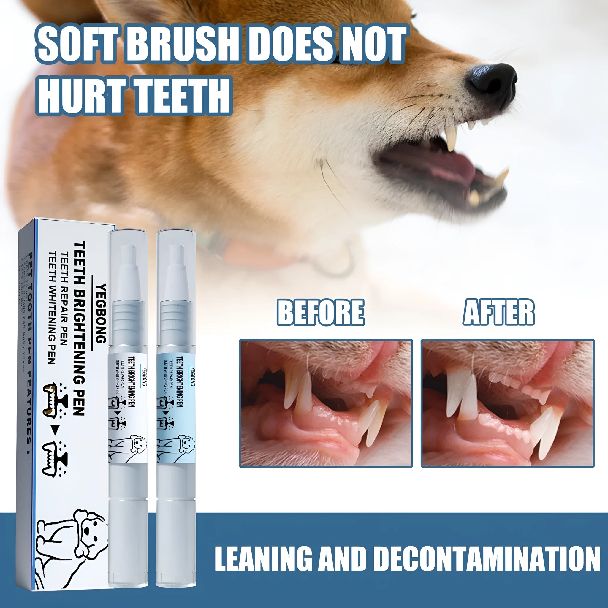 Pet teeth whitening pen set with two applicators and dental brushes for dog and cat tartar removal