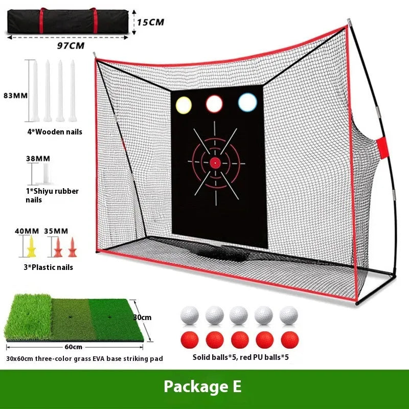 Golf training net with three target holes, practice balls, tee and assembly accessories on straw mat