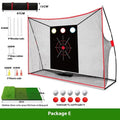 Golf training net with three target holes, practice balls, tee and assembly accessories on straw mat
