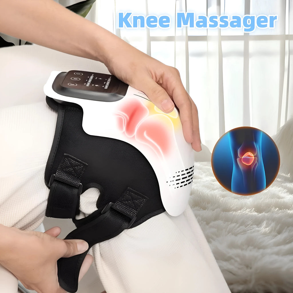 White rechargeable electric knee massager showing wrap design for infrared heat and vibration therapy.