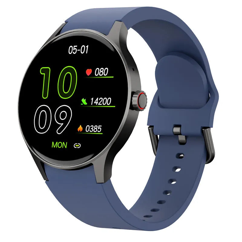 Black smart sport watch with 46mm case and 1.43-inch round touchscreen on wrist