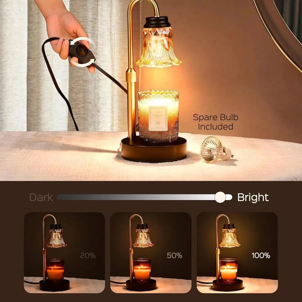 Lifting aromatherapy wax melting lamp with bamboo base on a table