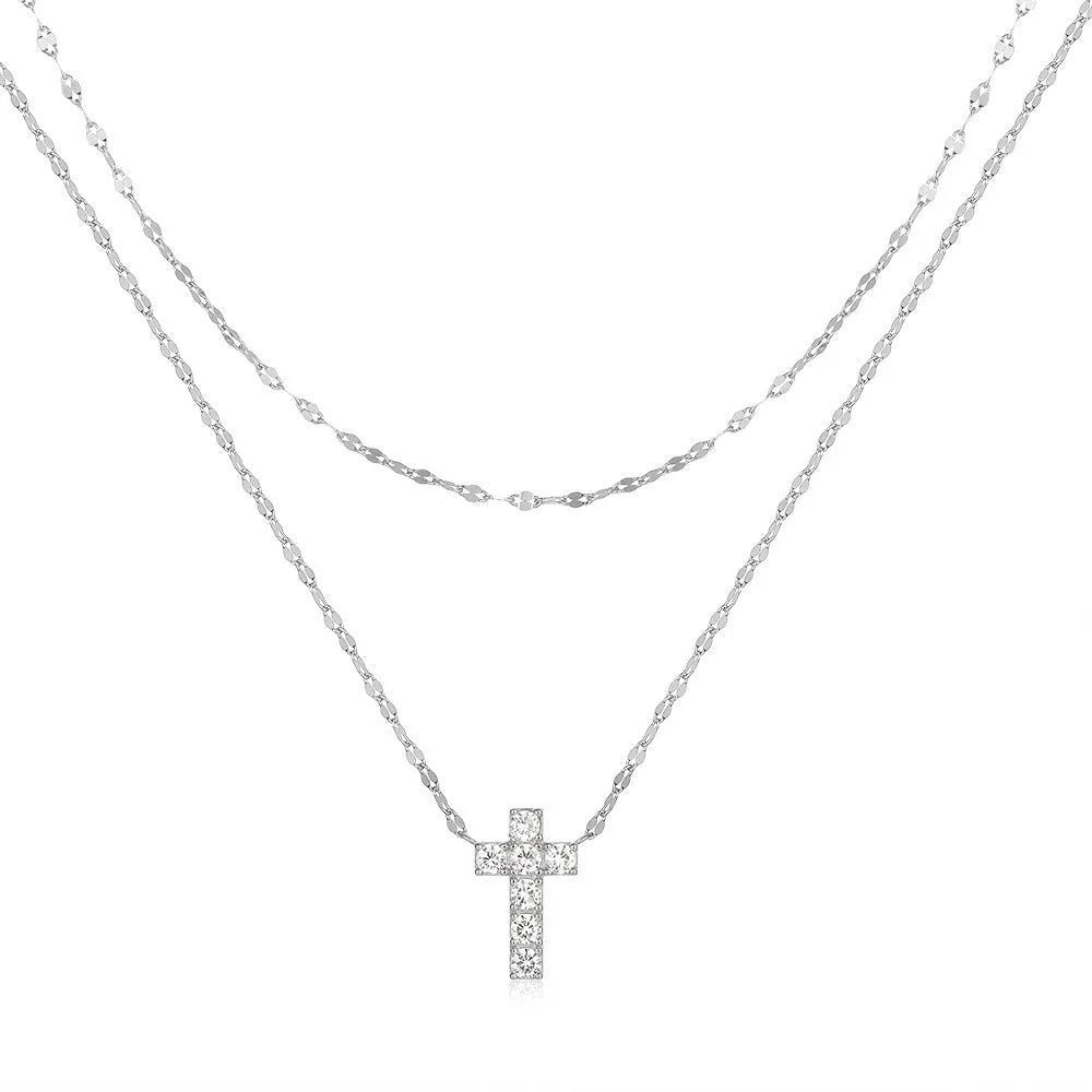 S925 sterling silver necklace with double layer twin diamond cross pendant on clavicle chain