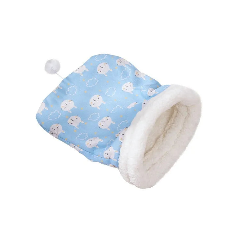 Cat sleeping bag nest measuring 50x40cm with flannel fabric in blue rabbit design