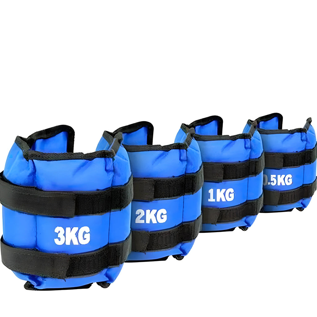 A pair of Oxford cloth legging sandbag weights for athletic training, shown with weight options from 1kg to 6kg.