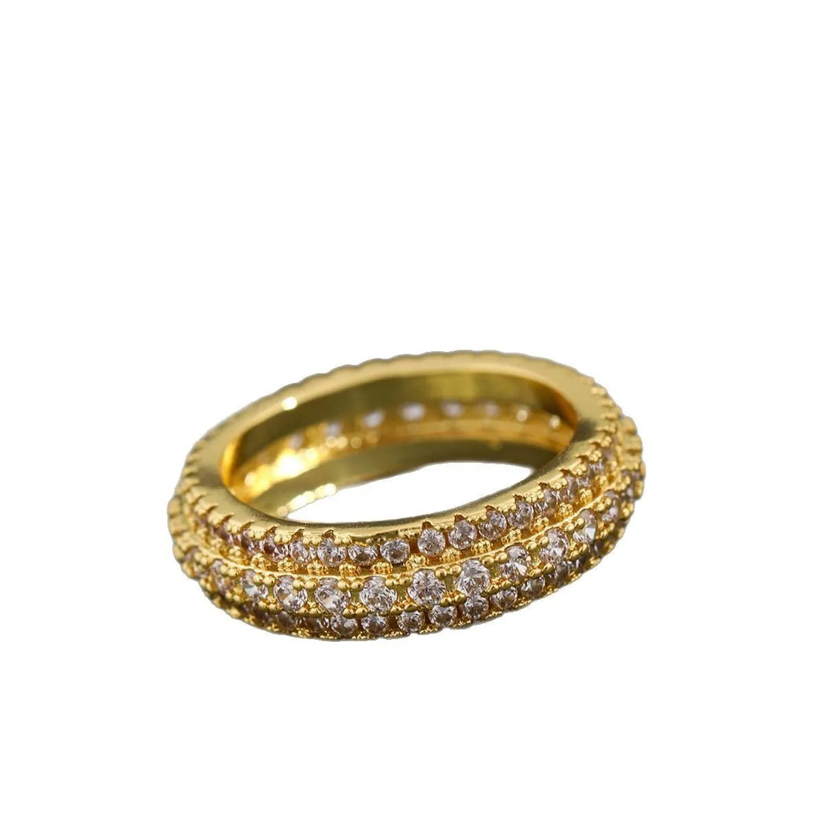 Geometric copper ring with a triangular zircon stone inlay, shown in white gold, yellow gold, and white and black plated finishes.
