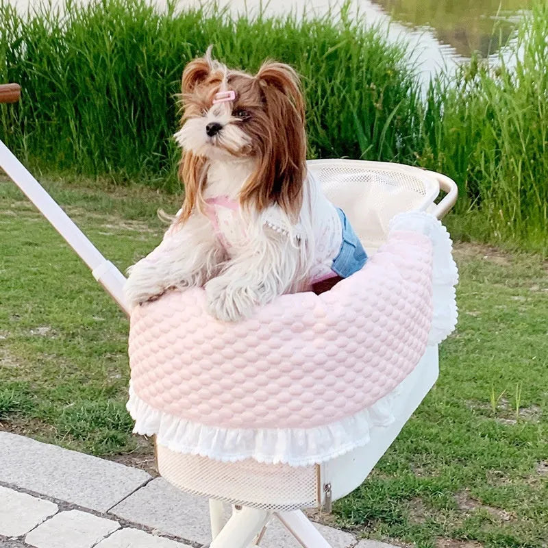 Pure cotton pet stroller cushion set with removable towel, pillow, and floral patterned cover