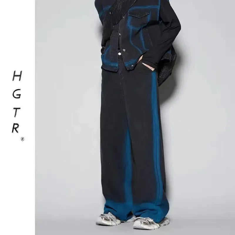 Spray colour gradient distressed vest and jeans suit with fleece lining in blue or black options