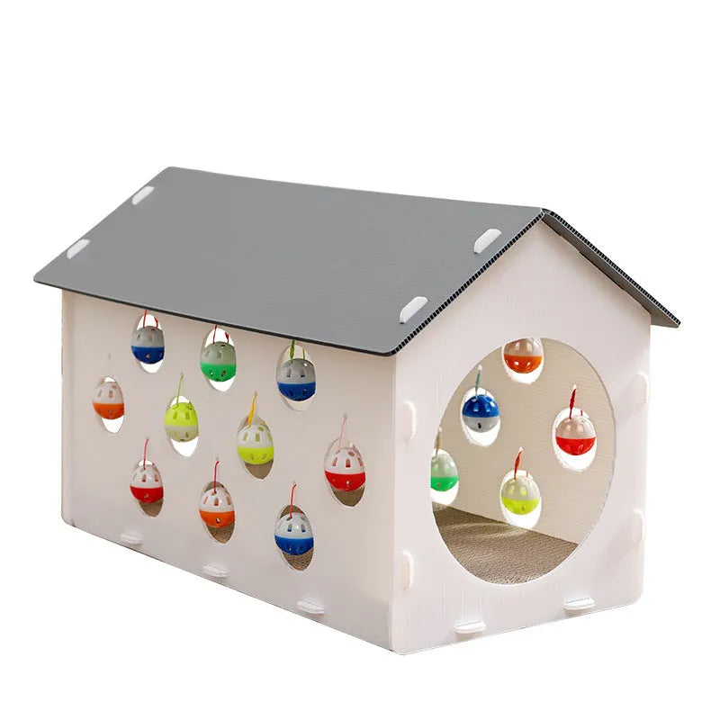 Plastic cat scratch board and bed integrated toy with a built-in tunnel containing a bell ball.
