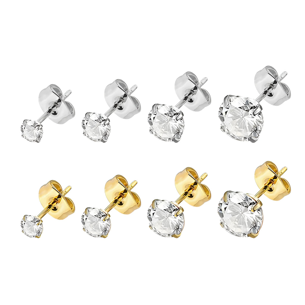 Square geometric zircon stud earrings with titanium steel post in gold and steel colour finishes.