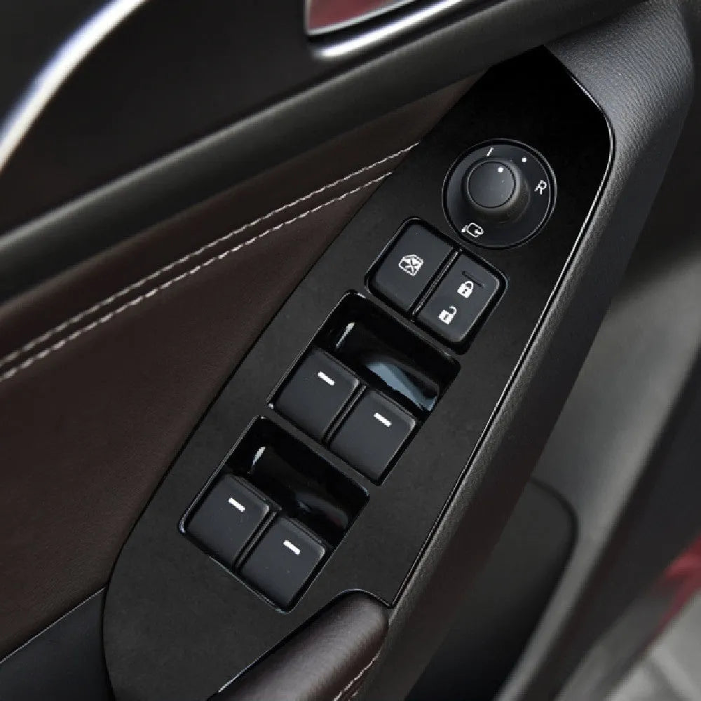 Four TPU protective films for car door control panels in transparent, carbon fibre black and matte black finishes
