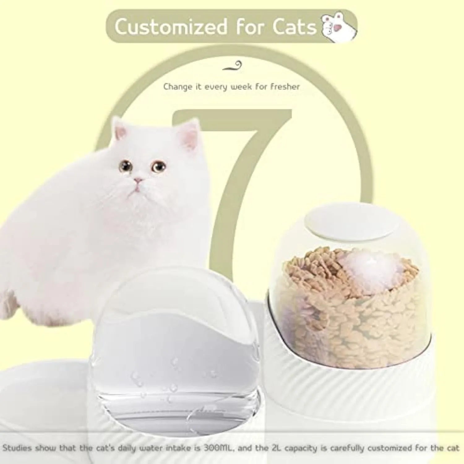 White automatic cat feeder and water dispenser set with wave-shaped design on a table.