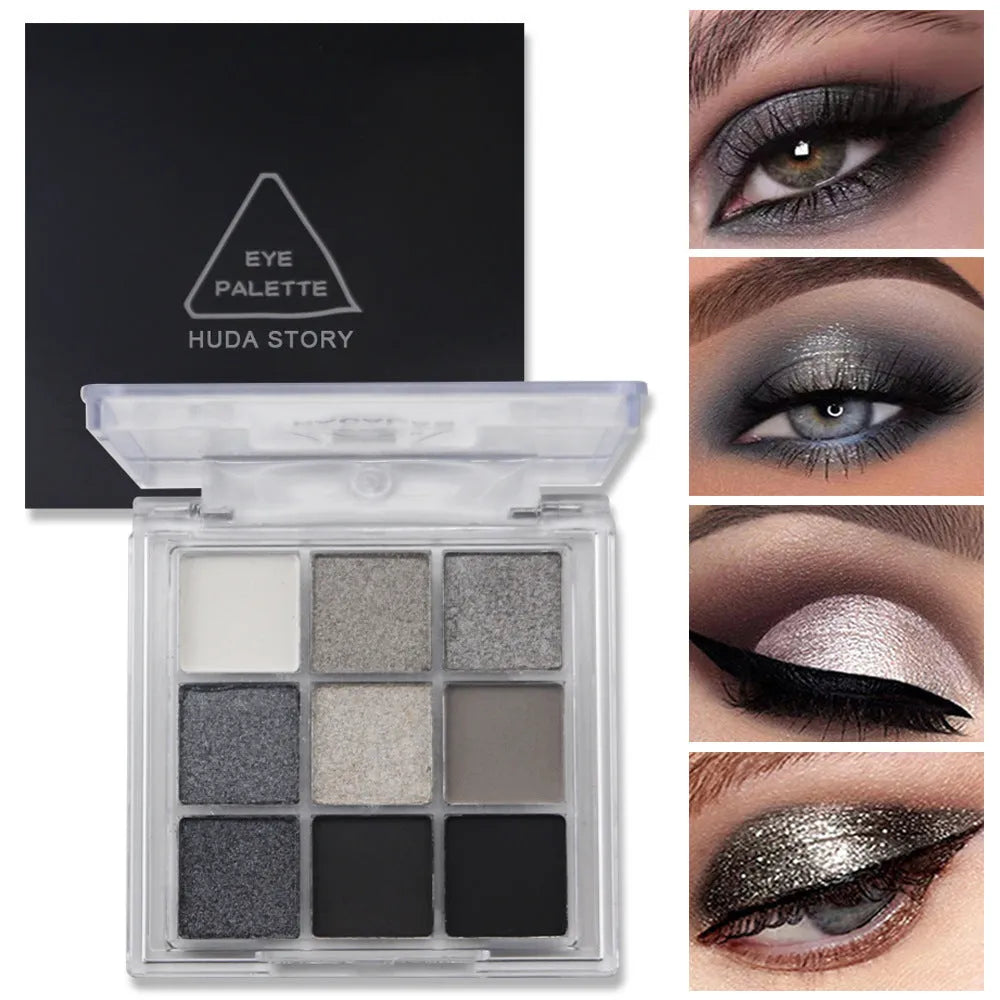 INS-style nine-color eyeshadow palette open, showing white, silver, black, and iron grey pressed powder shades.