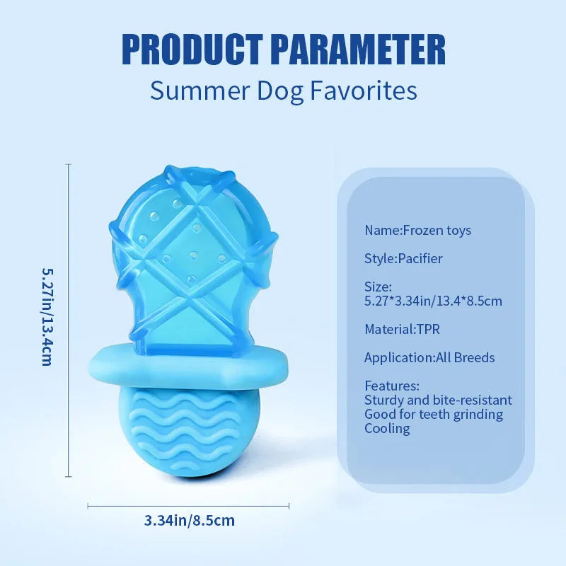 Three water filled dog toys: pacifier, popsicle, and ring shapes for cooling and teething