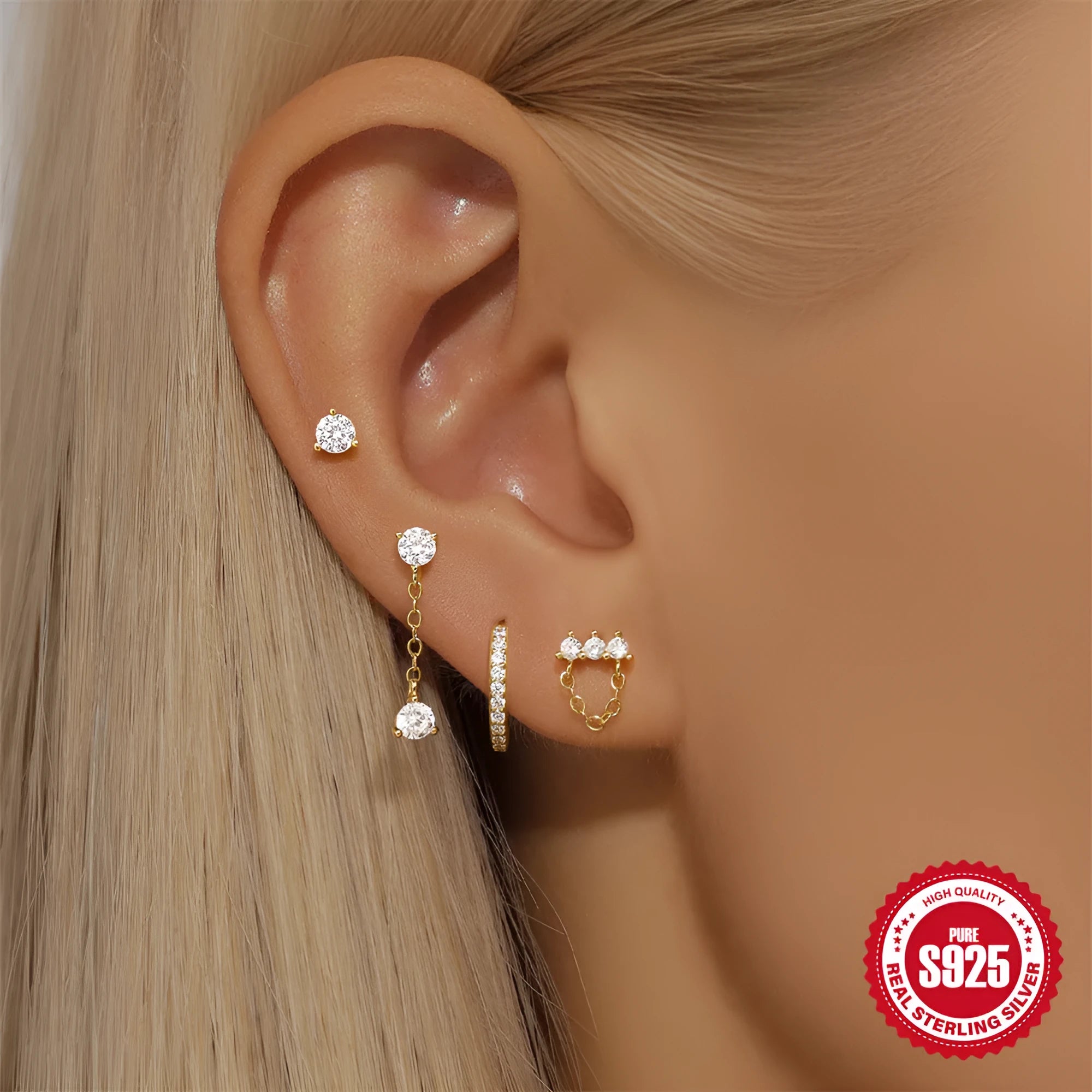 Geometric clover petal earrings in S925 sterling silver with gold electroplated finish