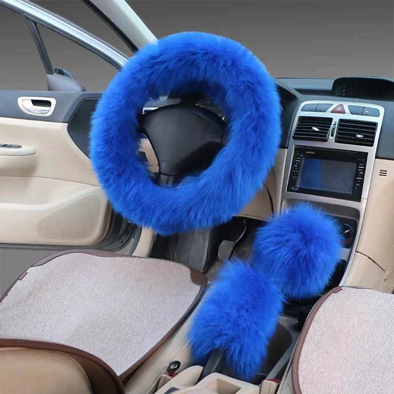 Wool steering wheel cover three-piece set with two handle covers for 38cm diameter wheels in multiple colour options