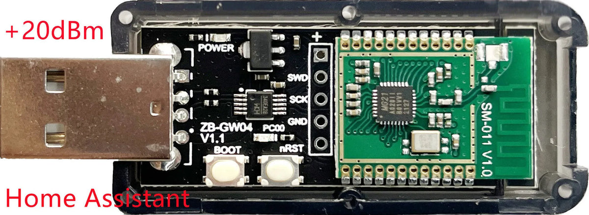 Silicon Labs EFR32MG21 Zigbee USB dongle with plastic shell and USB connector.