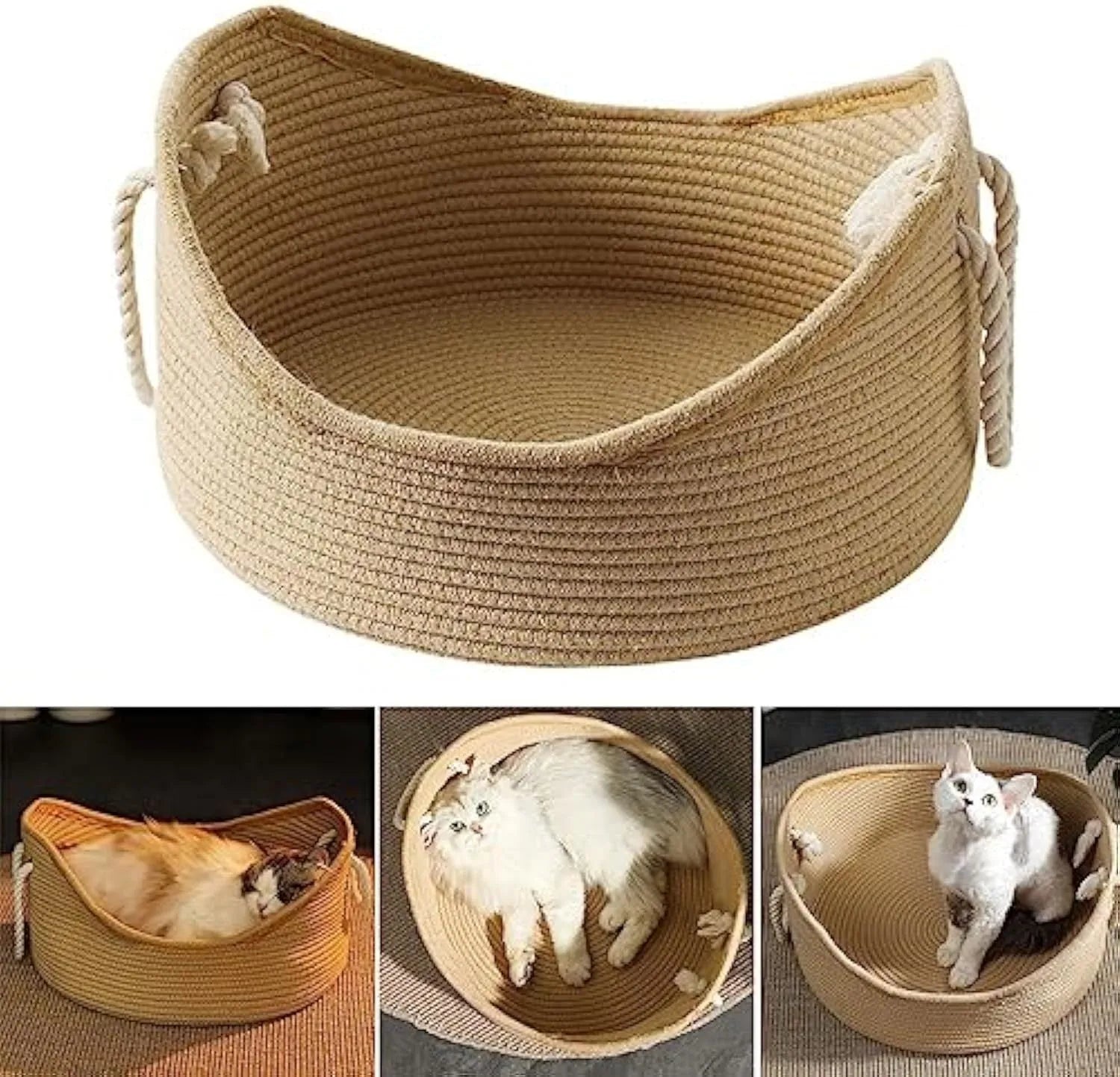 Woven wicker cat bed basket with corrugated scratching board interior for feline resting and claw maintenance