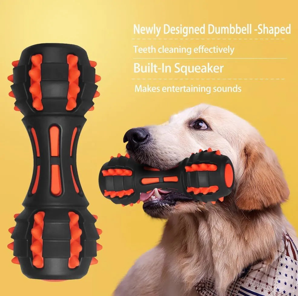 Red rubber dumbbell-shaped dog chew toy for medium and large breed aggressive chewers