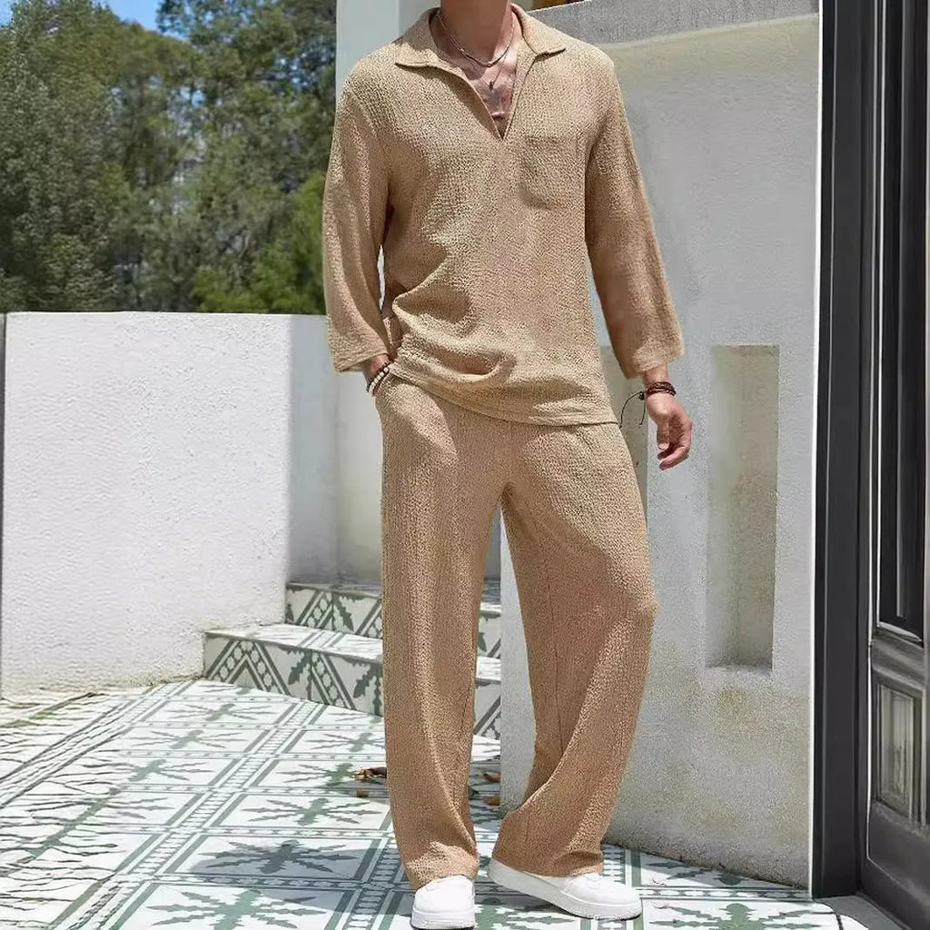 Men's casual shirt trousers commuter suit in polyester, shown in lake blue colour with shirt-style jacket.