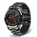 Smart watch with stainless steel band and 1.3-inch touch screen display showing step counter interface