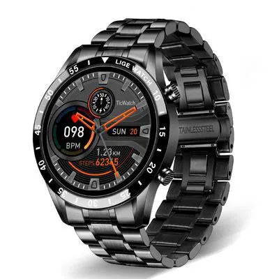 Smart watch with stainless steel band and 1.3-inch touch screen display showing step counter interface