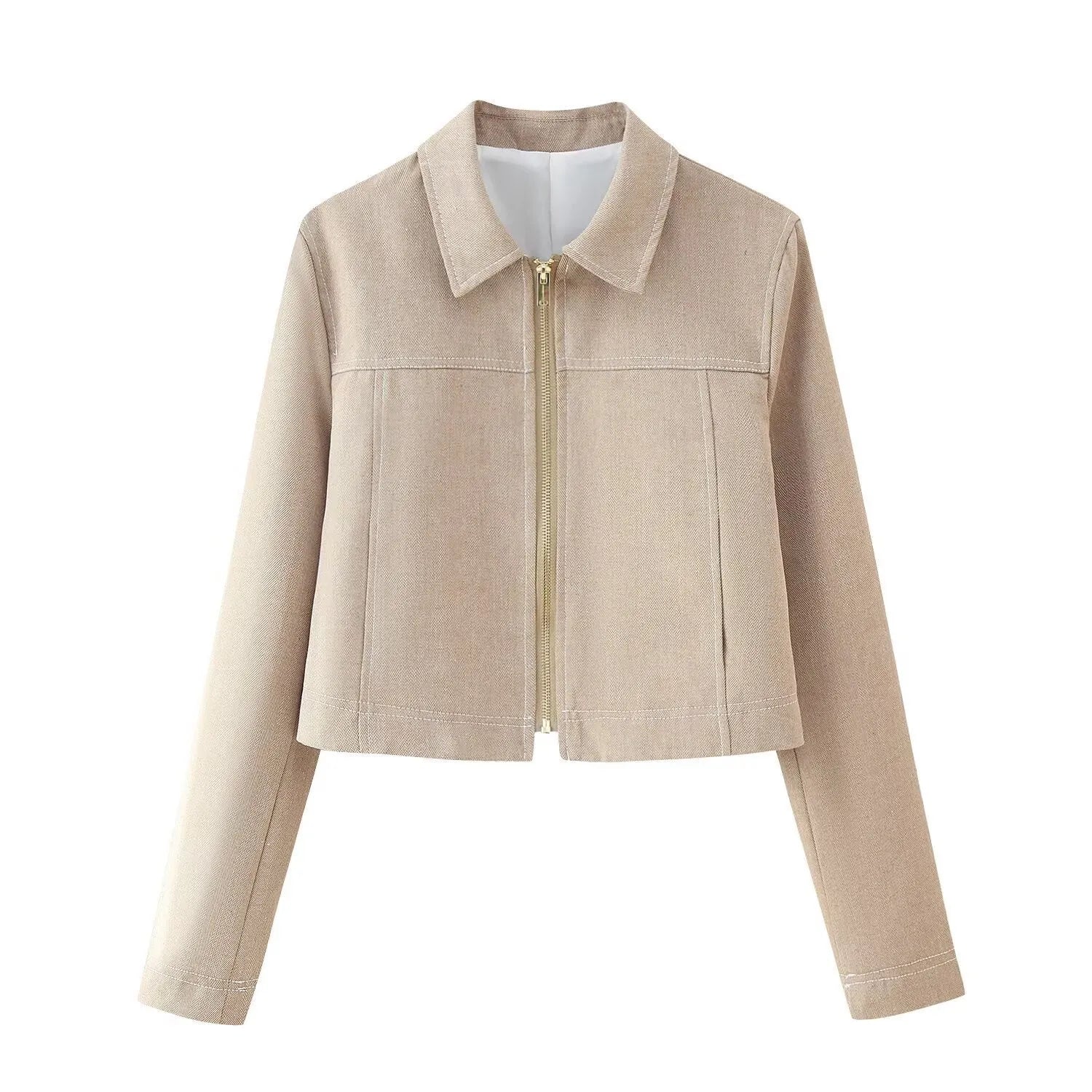 Women's herringbone pattern casual suit set with long sleeve coat and straight-leg trousers featuring 3D embroidery detail